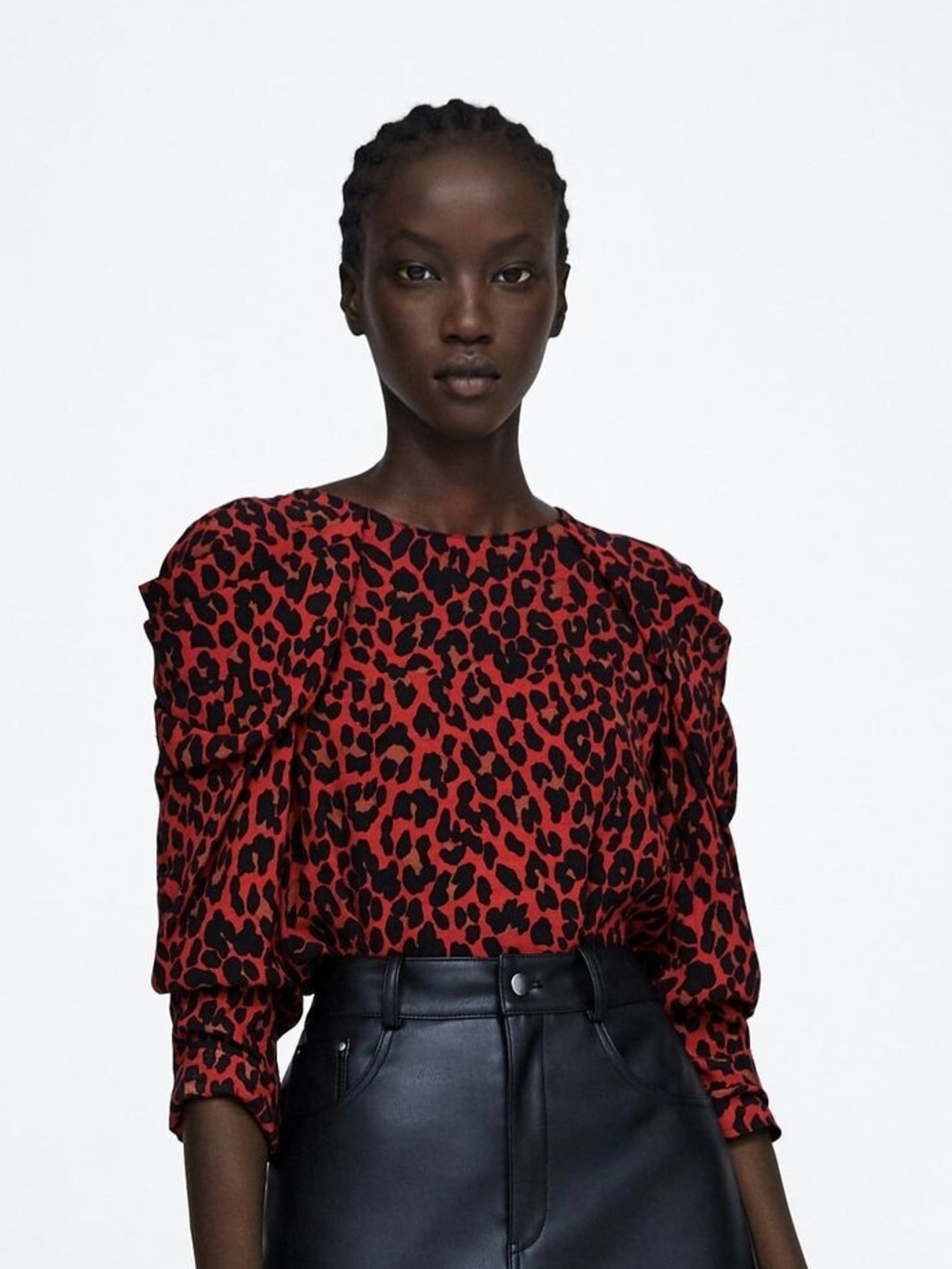 Zara Red and Black Leopard-Print Puff-Sleeve Blouse